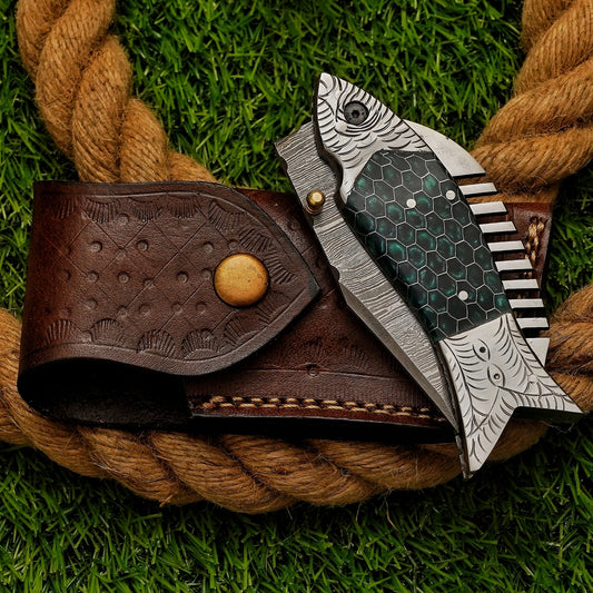 Custom Handmade Damascus Green Fish Pocket Knife Damascus Folding Knife Engraved Steel Bolster Exquisite Artistry