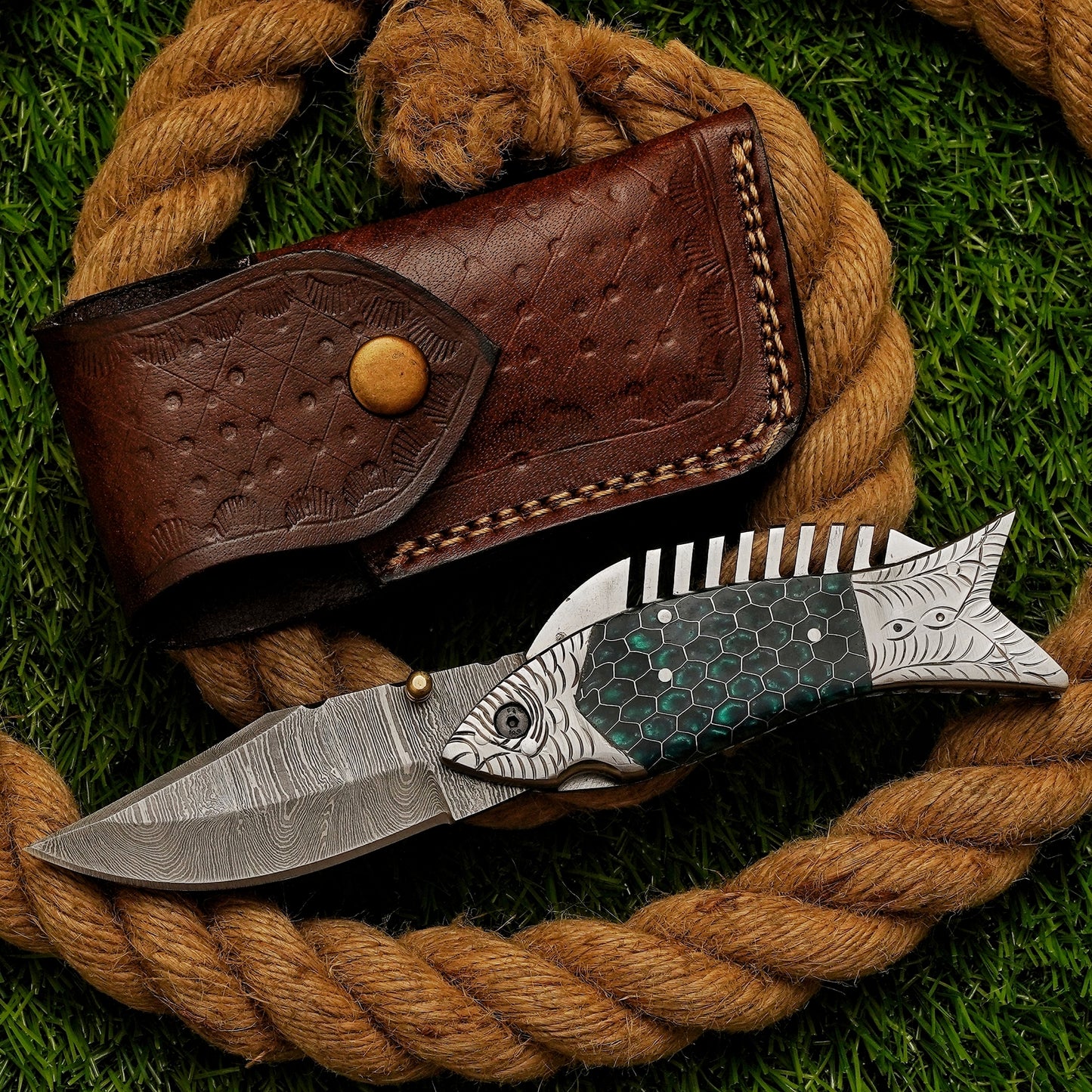 Custom Handmade Damascus Green Fish Pocket Knife Damascus Folding Knife Engraved Steel Bolster Exquisite Artistry