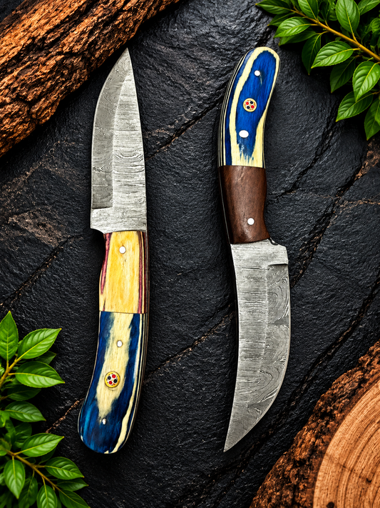 2-Piece Damascus Fixed Blade Knife Set – Green & Red Handles