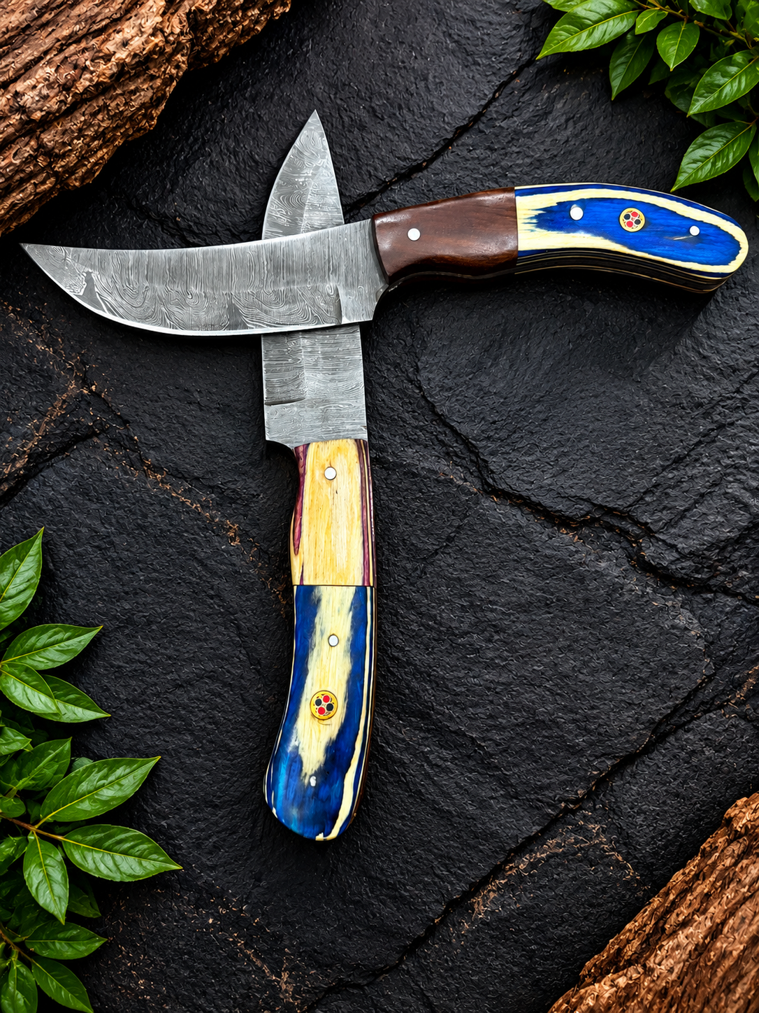 Handmade Damascus Steel 2 Pcs Fixed Blade Knife  Green & Red Colorful Handle – Unique Collector’s Knife & Gift