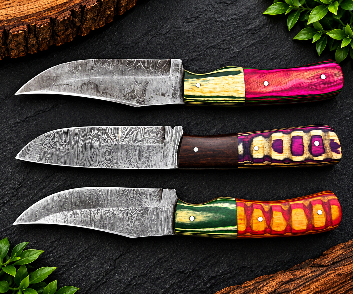 Handmade Damascus Steel Knife Collection Colorful Premium Handle Designs Without Sheath