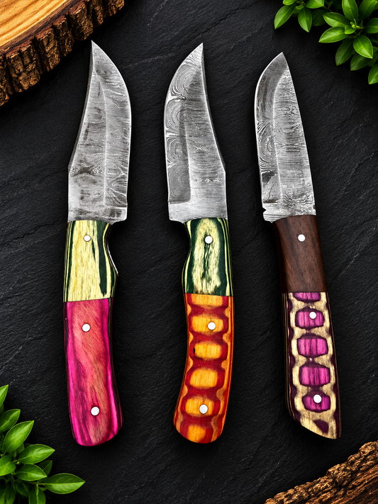 Handmade Damascus Steel Knife Collection Colorful Premium Handle Designs Without Sheath