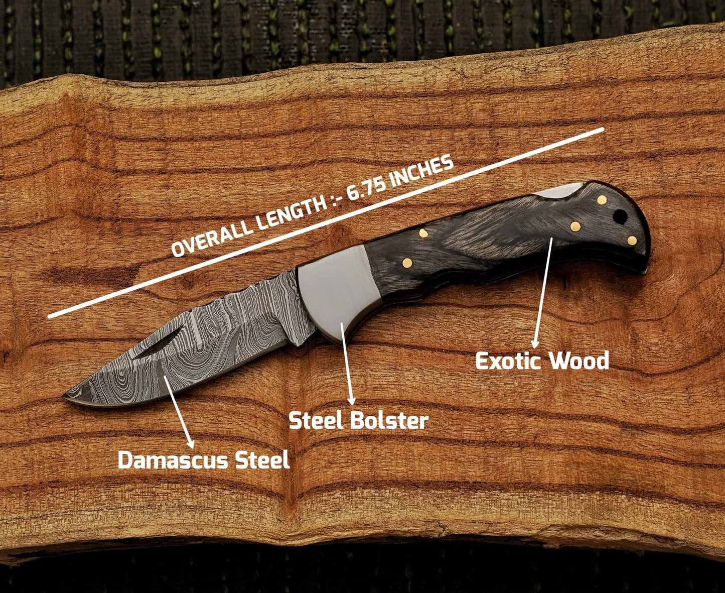 6.75″ Unique Handcrafted Damascus steel folding Knife with Exotic Wood