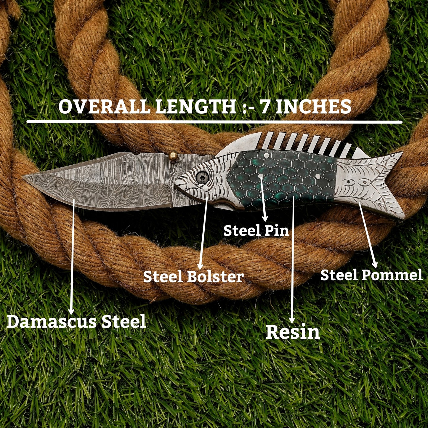 Custom Handmade Damascus Green Fish Pocket Knife Damascus Folding Knife Engraved Steel Bolster Exquisite Artistry