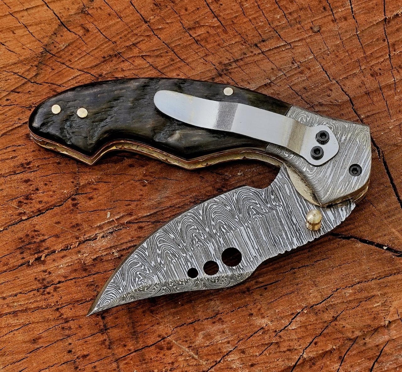 Damascus Steel Folding Pocket Knife – Stag Horn Bone Handle, Damascus Bolster Brass Pin on handle with Leather Sheath