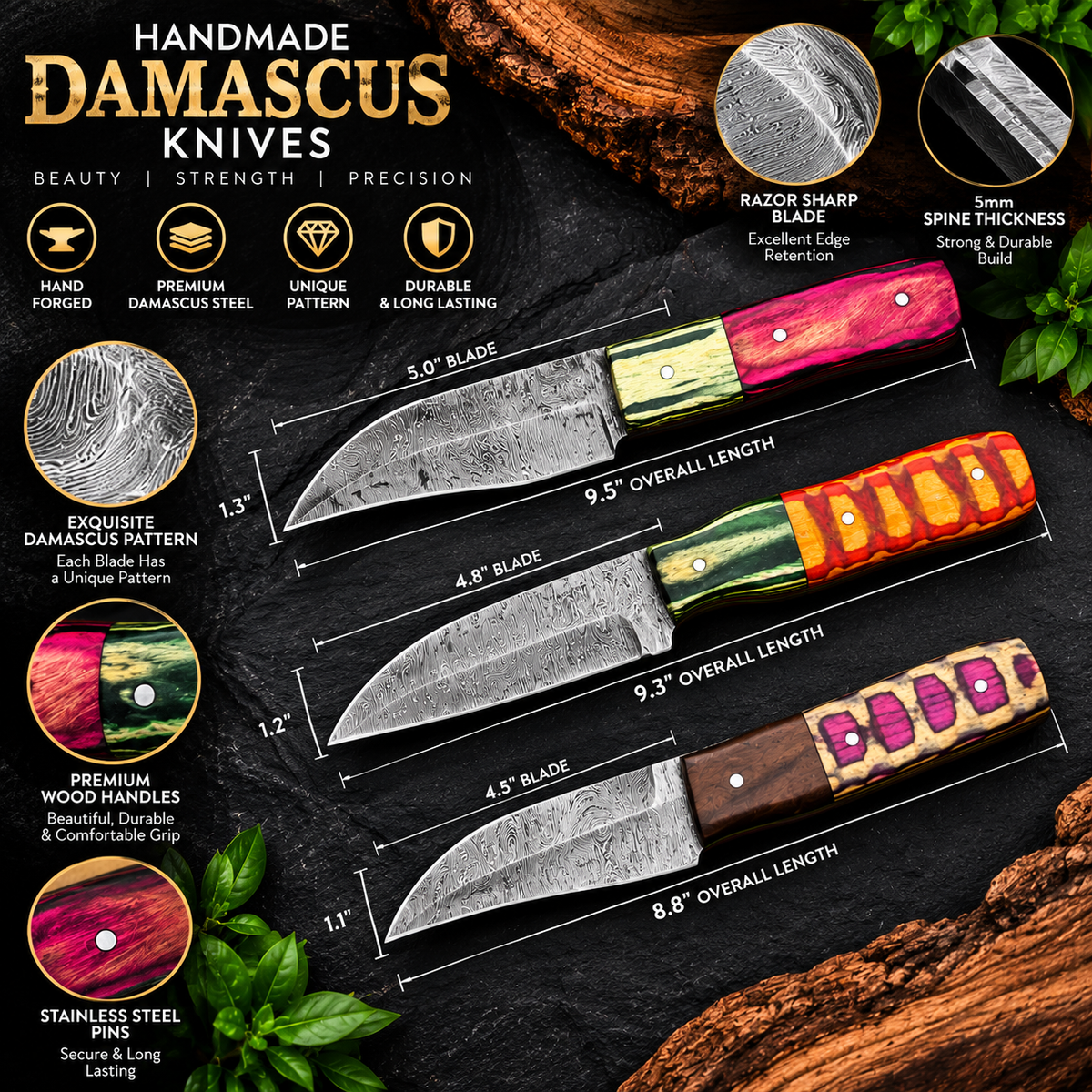Handmade Damascus Steel Knife Collection Colorful Premium Handle Designs Without Sheath