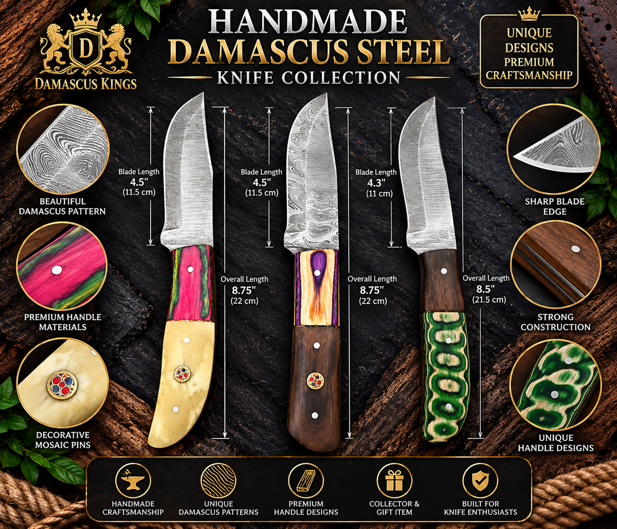 Handmade Damascus Steel 3-Knife Collection Multicolor Handles & Premium Craftsmanship