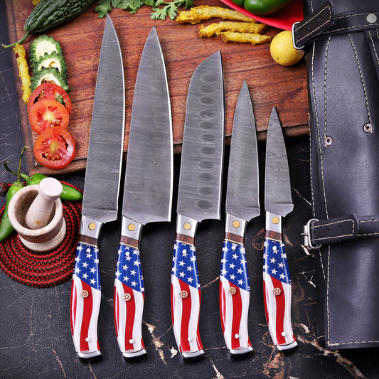Premium Handmade Damascus Steel Chef Knife Set with American Flag Handles, Leather Sheaths & Luxury Gift Box Damascus Kings