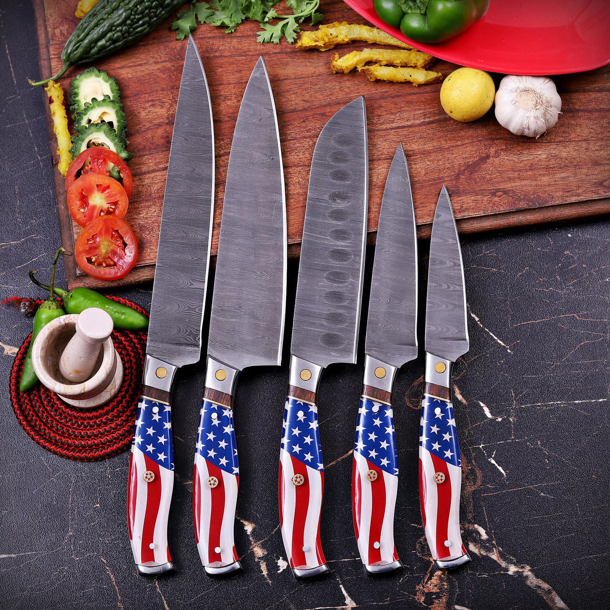 Premium Handmade Damascus Steel Chef Knife Set with American Flag Handles, Leather Sheaths & Luxury Gift Box Damascus Kings