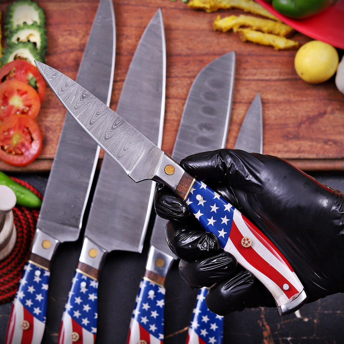 Premium Handmade Damascus Steel Chef Knife Set with American Flag Handles, Leather Sheaths & Luxury Gift Box Damascus Kings