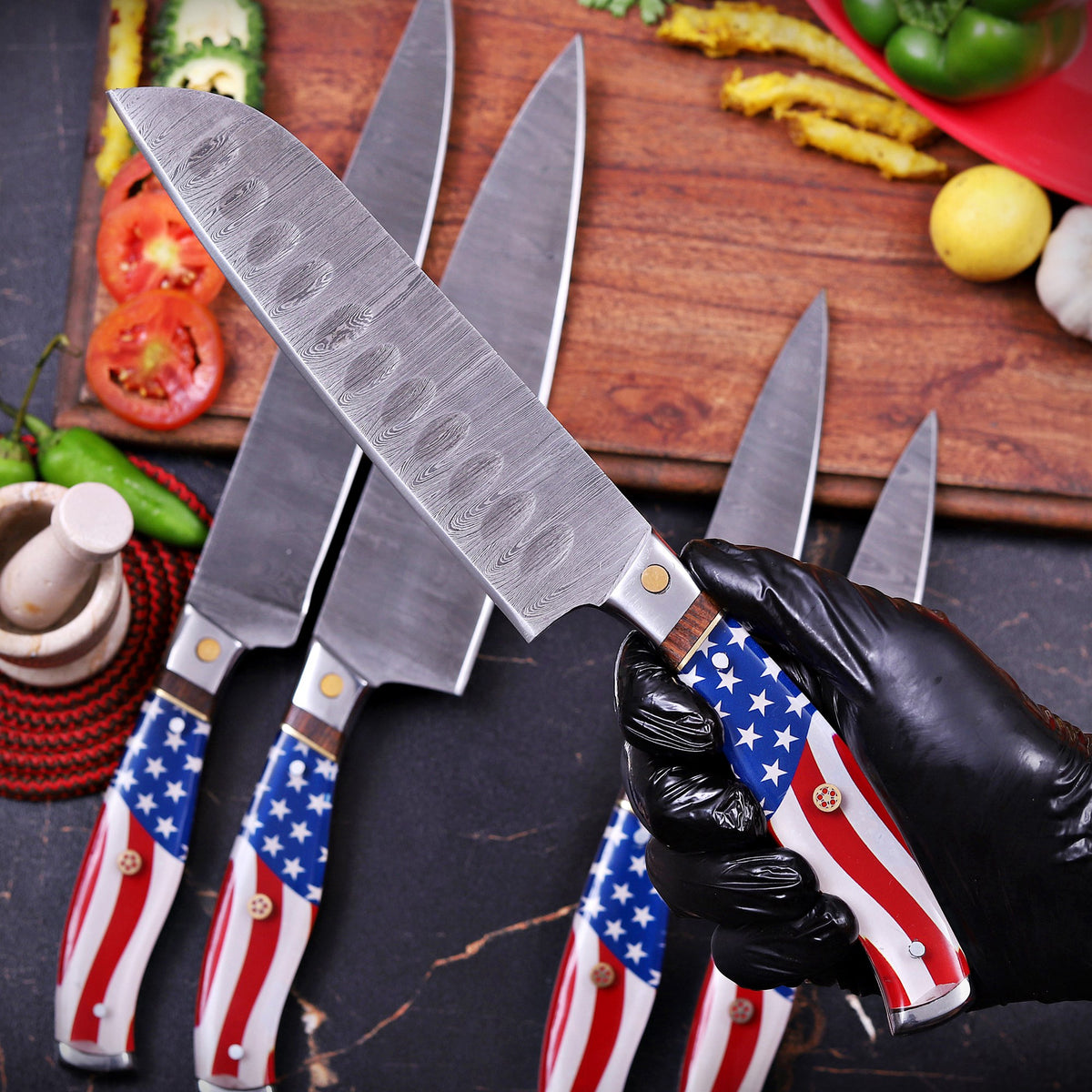 Premium Handmade Damascus Steel Chef Knife Set with American Flag Handles, Leather Sheaths & Luxury Gift Box Damascus Kings
