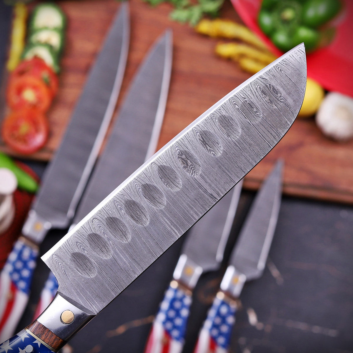 Premium Handmade Damascus Steel Chef Knife Set with American Flag Handles, Leather Sheaths & Luxury Gift Box Damascus Kings