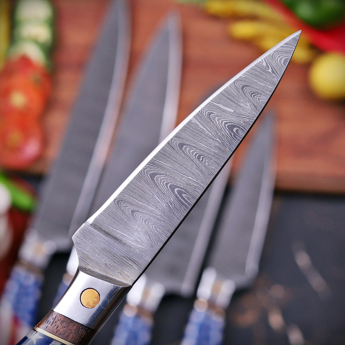 Premium Handmade Damascus Steel Chef Knife Set with American Flag Handles, Leather Sheaths & Luxury Gift Box Damascus Kings