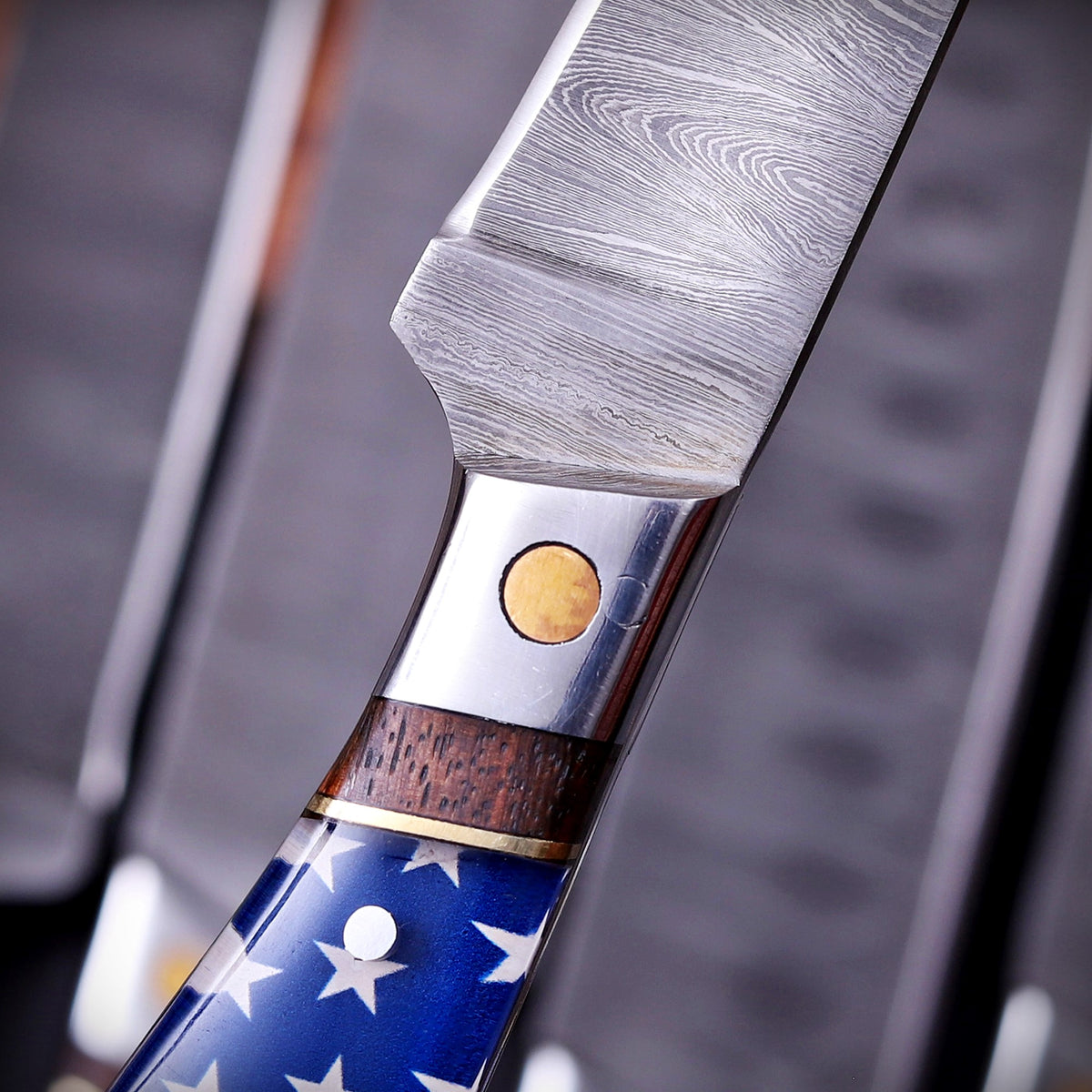 Premium Handmade Damascus Steel Chef Knife Set with American Flag Handles, Leather Sheaths & Luxury Gift Box Damascus Kings