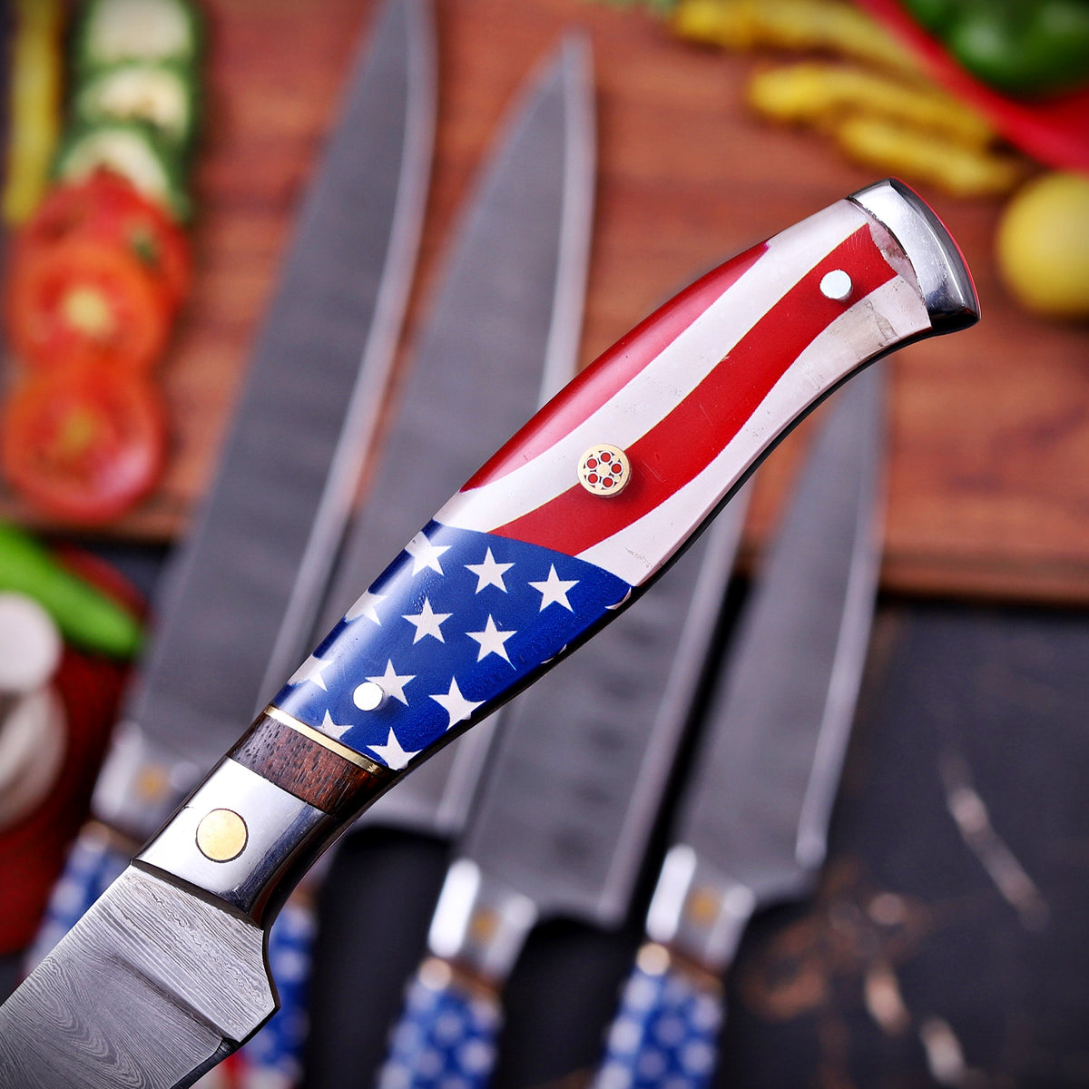 Premium Handmade Damascus Steel Chef Knife Set with American Flag Handles, Leather Sheaths & Luxury Gift Box Damascus Kings