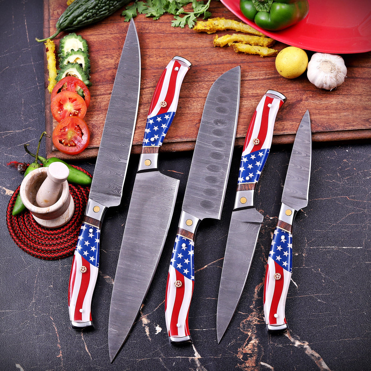 Premium Handmade Damascus Steel Chef Knife Set with American Flag Handles, Leather Sheaths & Luxury Gift Box Damascus Kings