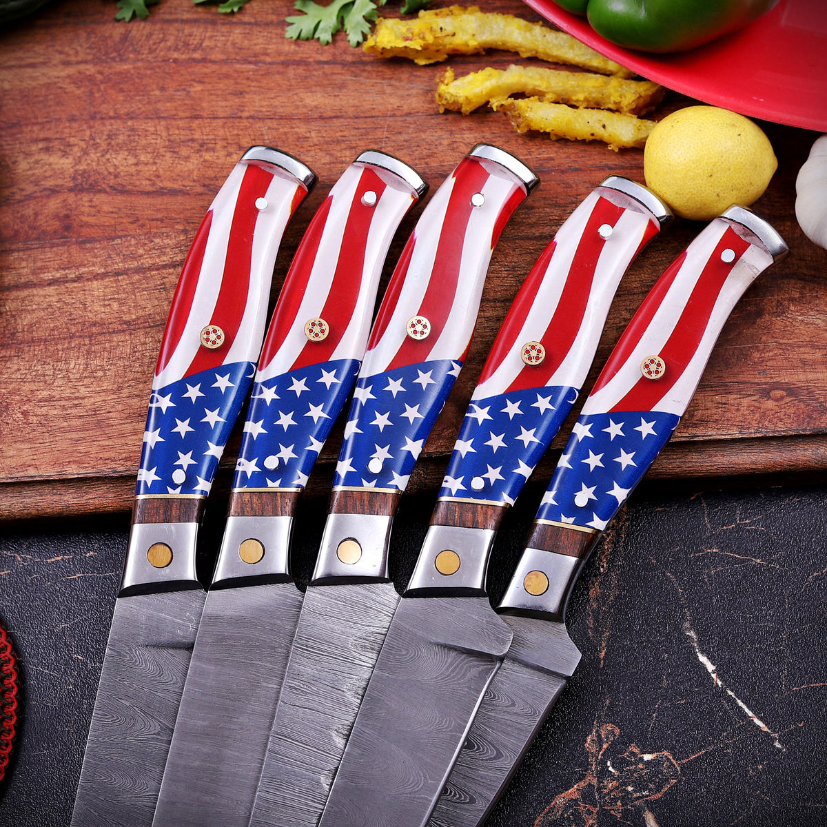 Premium Handmade Damascus Steel Chef Knife Set with American Flag Handles, Leather Sheaths & Luxury Gift Box Damascus Kings