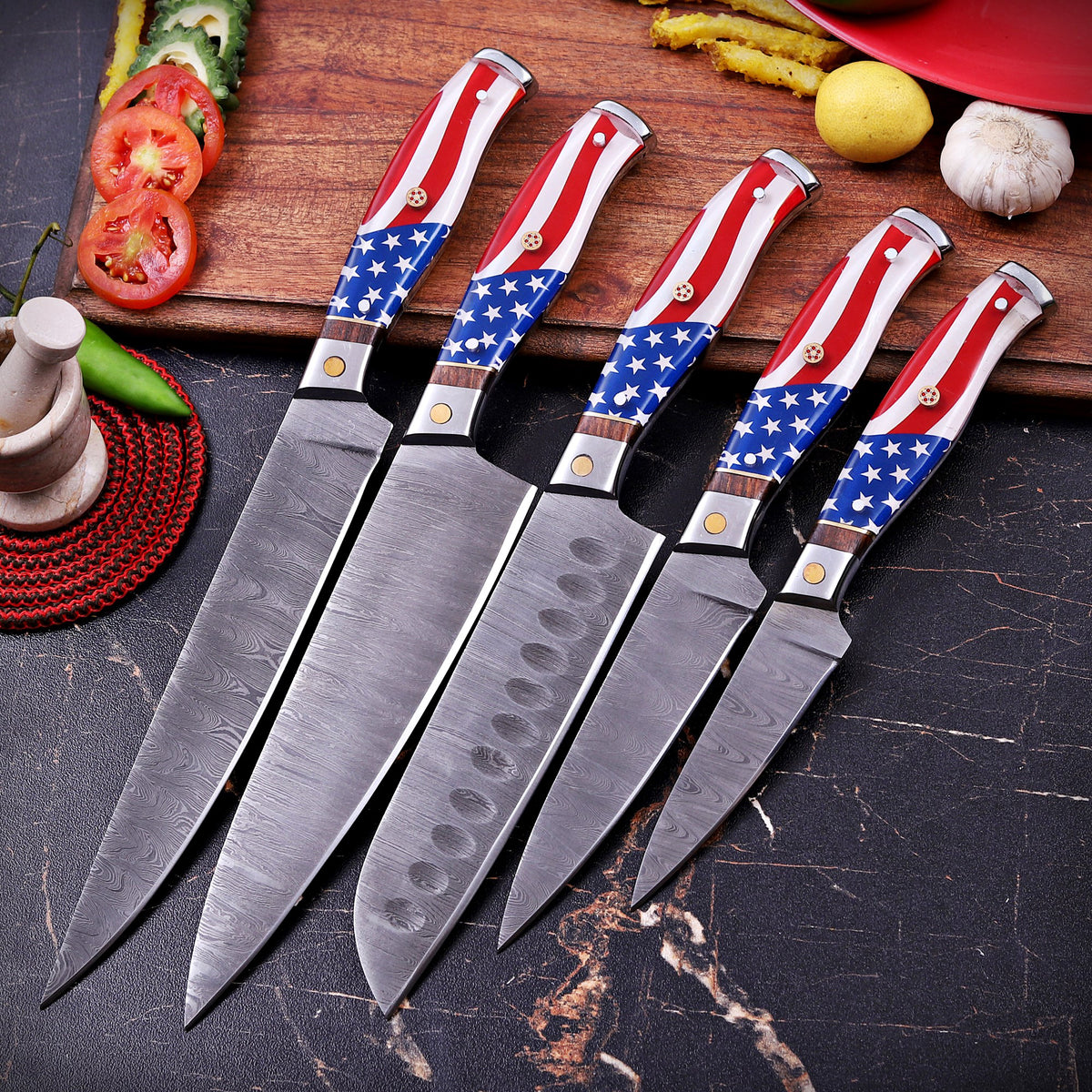 Premium Handmade Damascus Steel Chef Knife Set with American Flag Handles, Leather Sheaths & Luxury Gift Box Damascus Kings