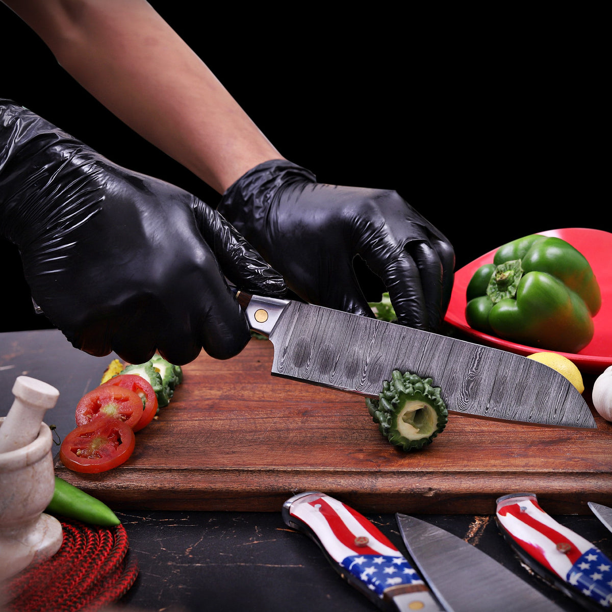 Premium Handmade Damascus Steel Chef Knife Set with American Flag Handles, Leather Sheaths & Luxury Gift Box Damascus Kings