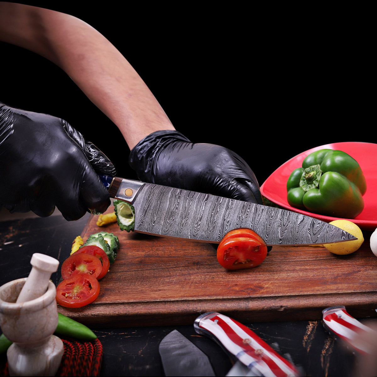 Premium Handmade Damascus Steel Chef Knife Set with American Flag Handles, Leather Sheaths & Luxury Gift Box Damascus Kings