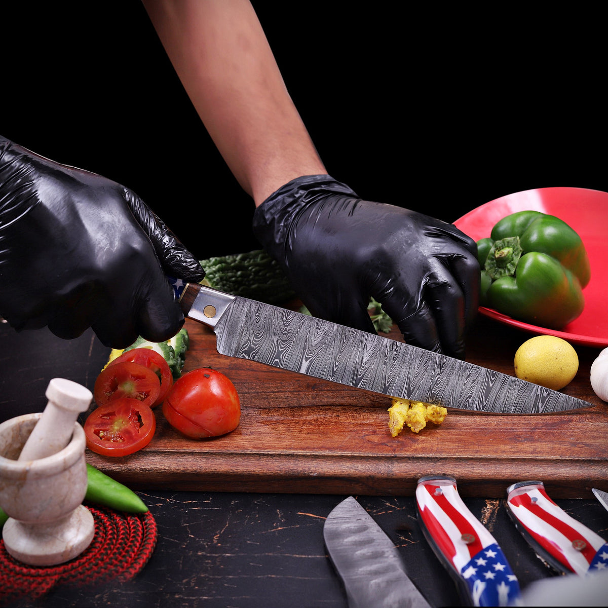 Premium Handmade Damascus Steel Chef Knife Set with American Flag Handles, Leather Sheaths & Luxury Gift Box Damascus Kings