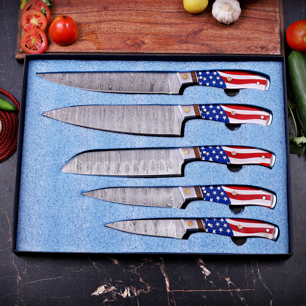 Premium Handmade Damascus Steel Chef Knife Set with American Flag Handles, Leather Sheaths & Luxury Gift Box Damascus Kings