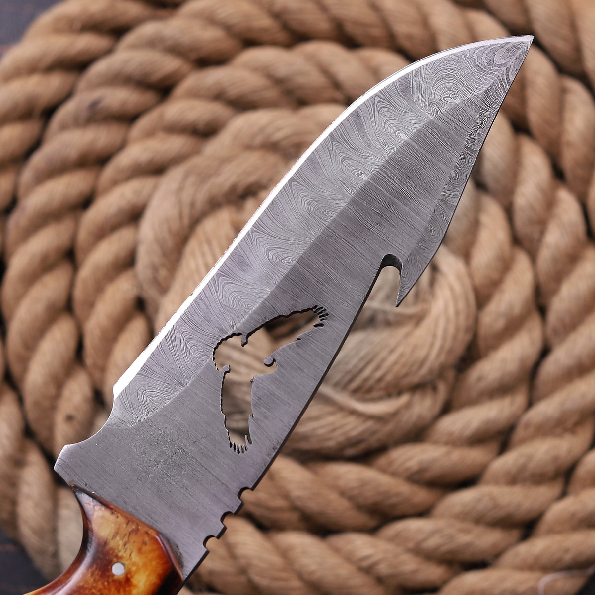 Damascus Eagle Design Knife Camel Bone & Wood Fiber Handle