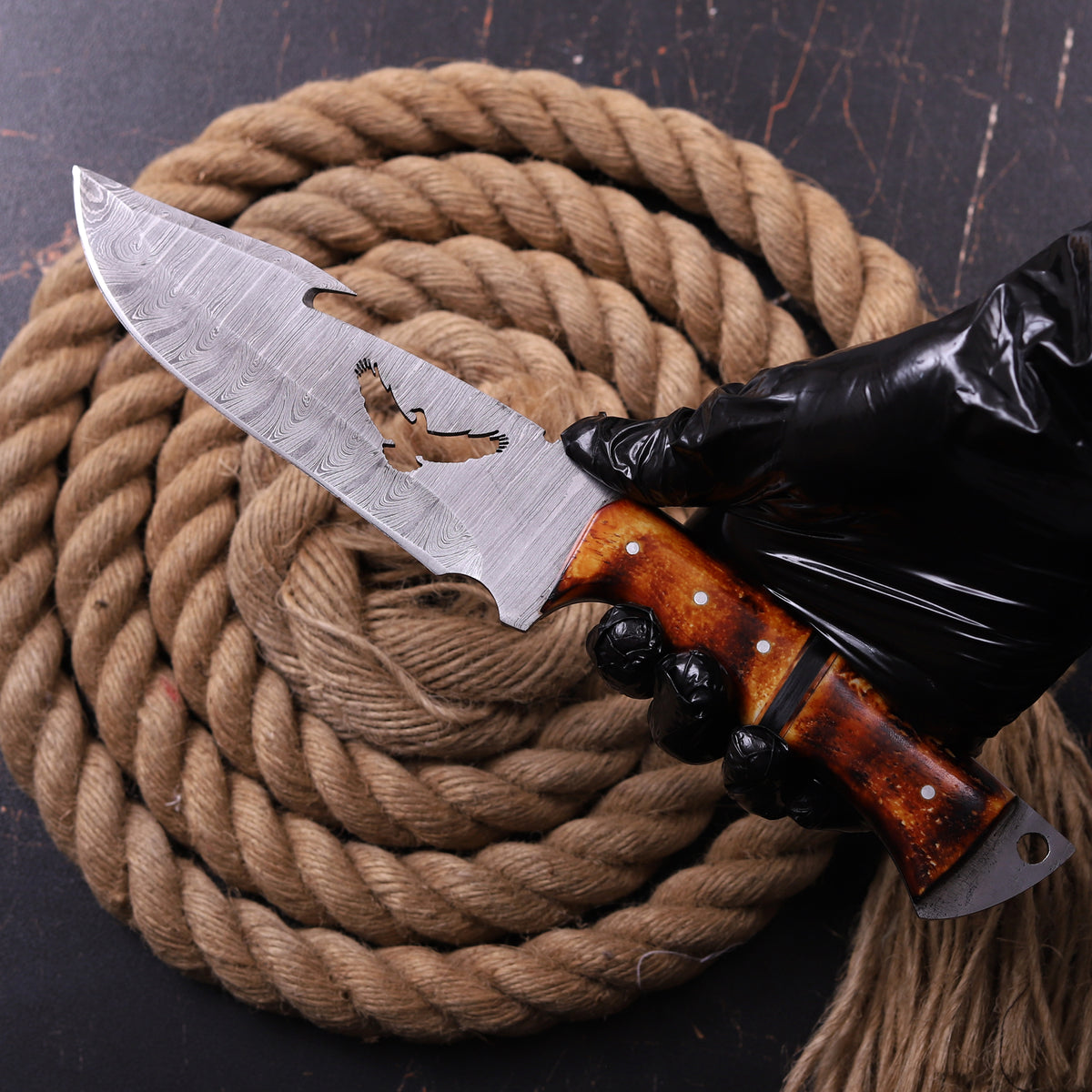 Damascus Eagle Design Knife Camel Bone & Wood Fiber Handle