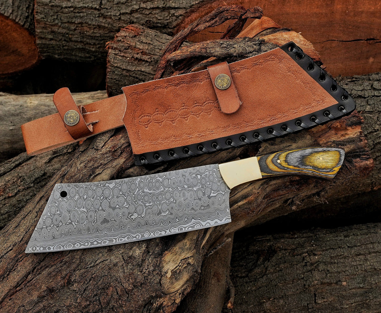 Chef cleaver knife Custom handmade Damascus Steel chopper with leather sheath