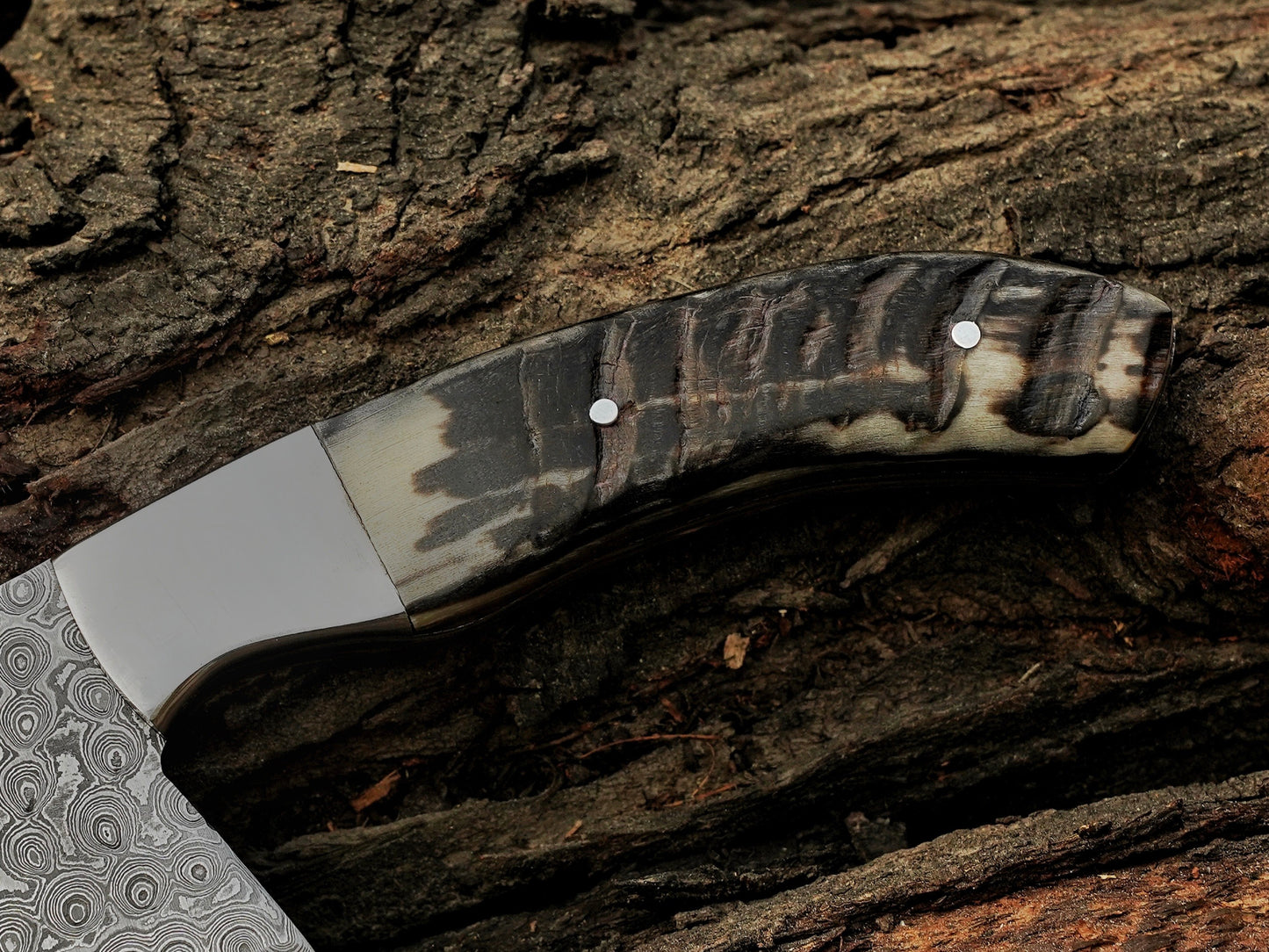 Stag horn handle chef cleaver knife Custom handmade Damascus Steel chopper with leather sheath