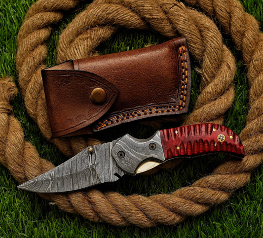 Custom Hand Forged Damascus Folding Knife with Mosaic Pin Exotic Wood Handle - Damascus Bolster Exquisite Artistry - Damascus Kings