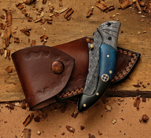 Custom Handmade Damascus Folding Knife Mosaic Pin Brass Pin Brass Pin & Bone Handle - Damascus Bolster Exquisite Artistry - Damascus Kings