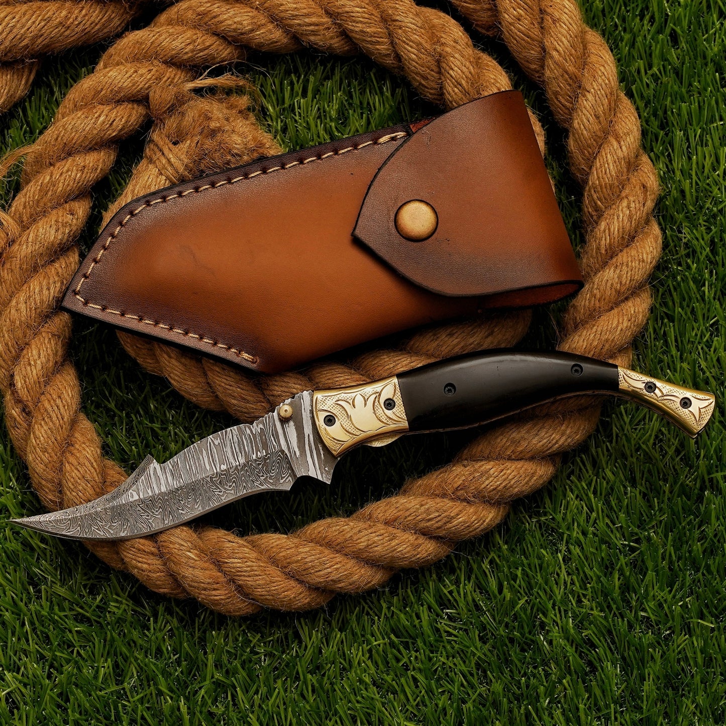Handmade Damascus Steel Folding Knife, Black Horn Handle
