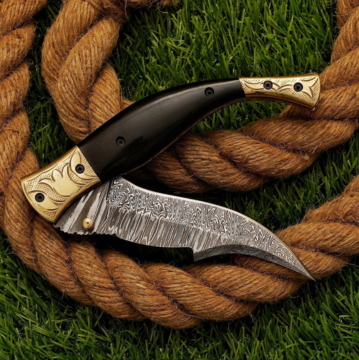Handmade Damascus Steel Folding Knife, Black Horn Handle