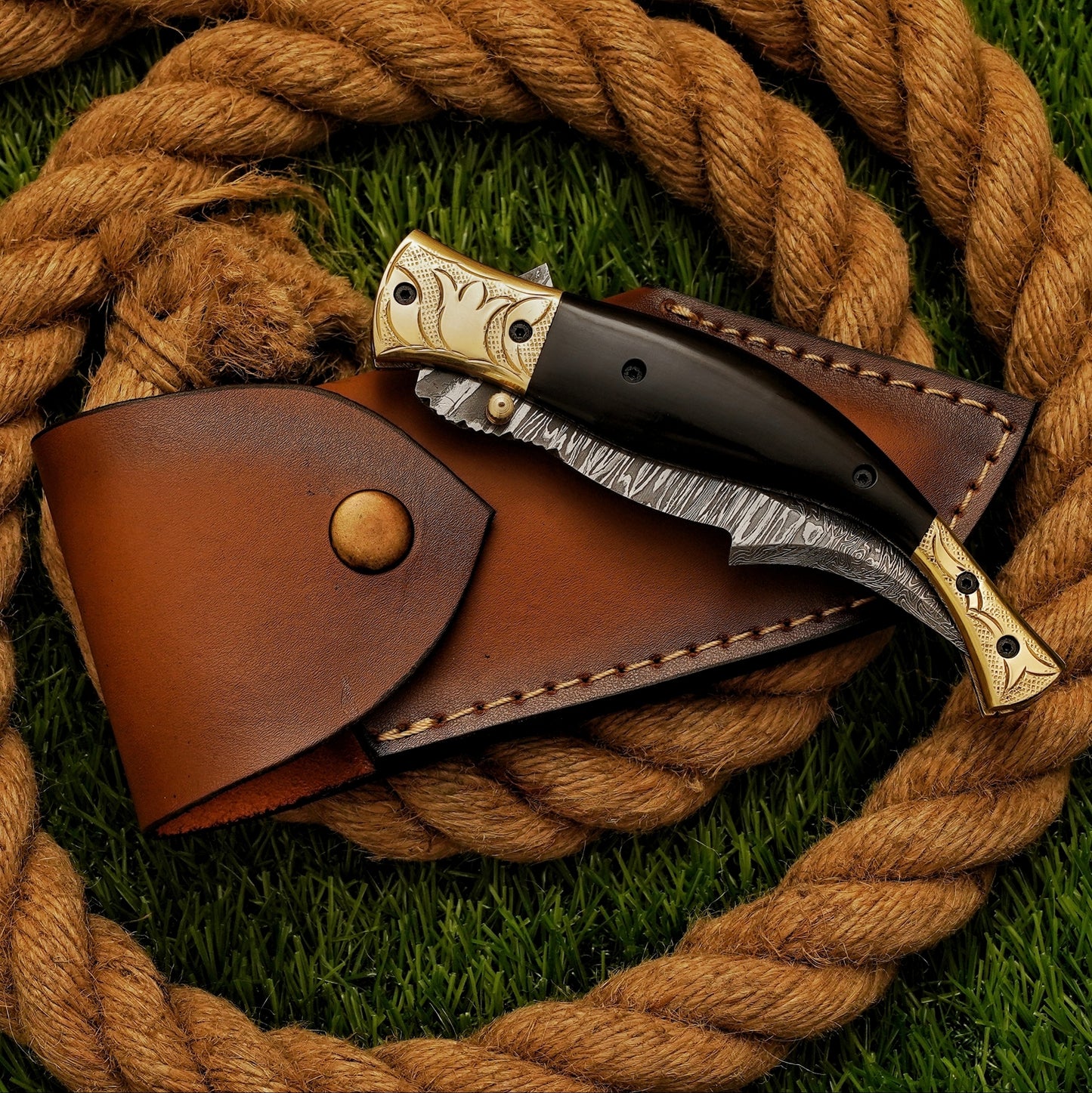 Handmade Damascus Steel Folding Knife, Black Horn Handle