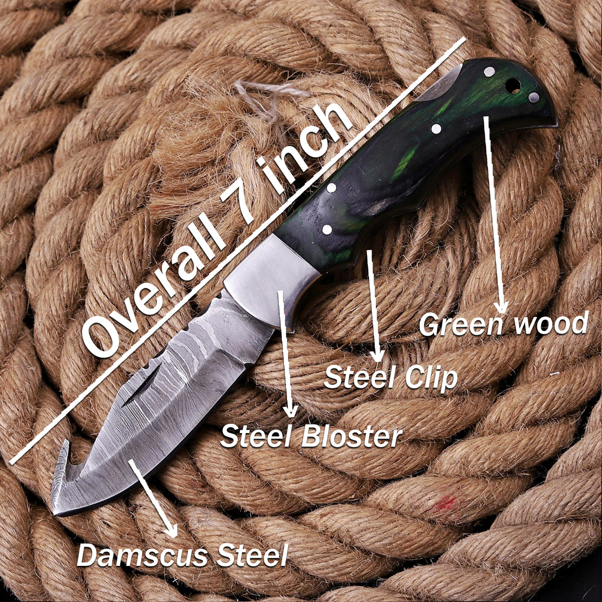Handmade Damascus Steel 7'' Gut Hook Folding Knife Green Steel Bolster Wood Handle