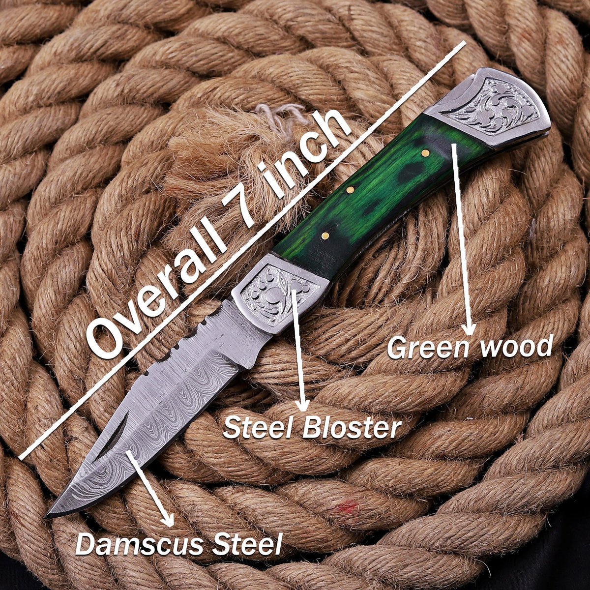 7'' Customs Hand Made Forged Damascus Steel Folding Knife Engraved Steel Bolster Green Wood Handle