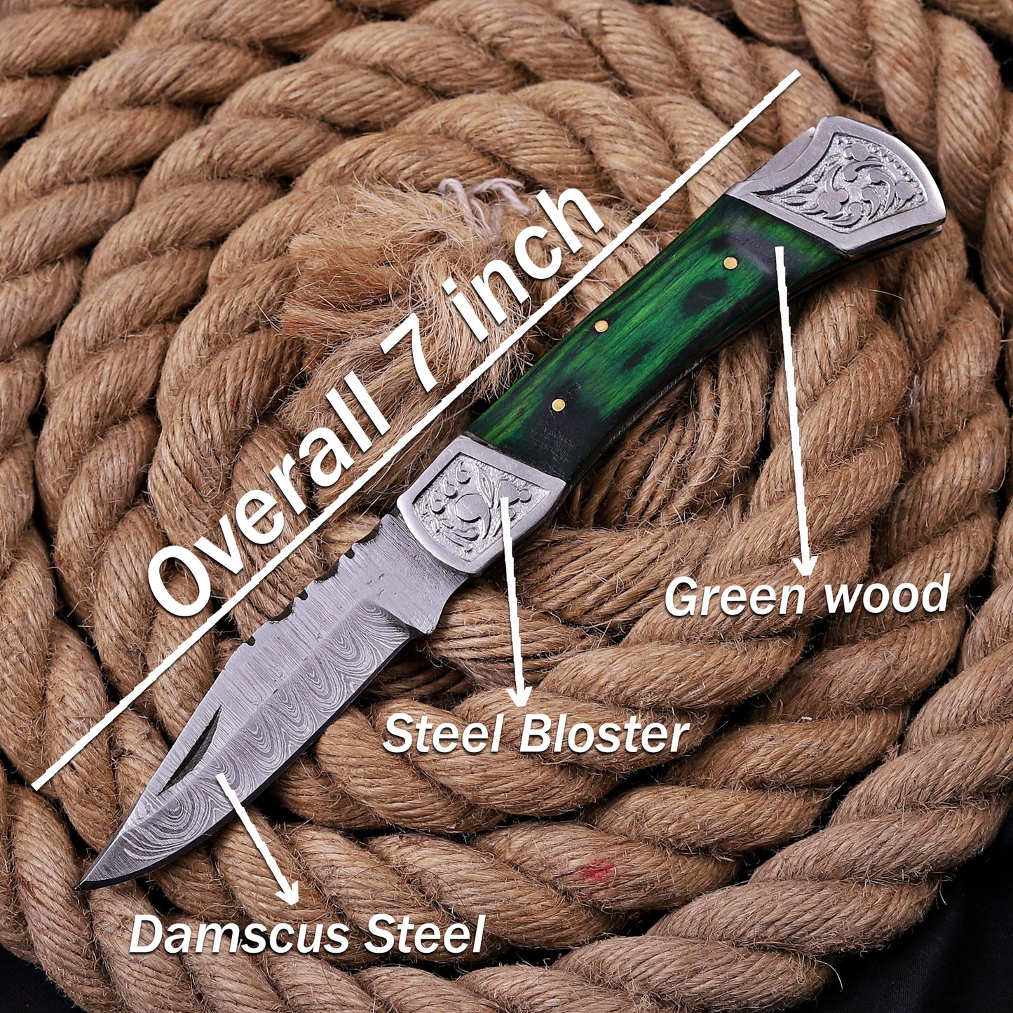 Handmade Damascus Steel Folding Knife | Black Wood Handle & Engraved Bolsters