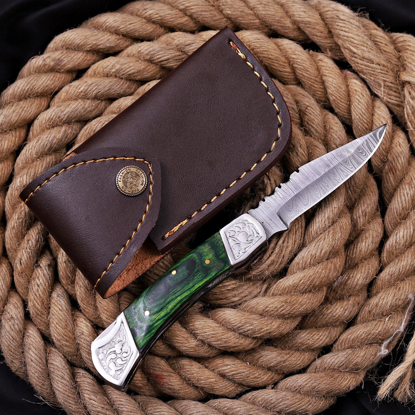 7'' Customs Hand Made Forged Damascus Steel Folding Knife Engraved Steel Bolster Green Wood Handle