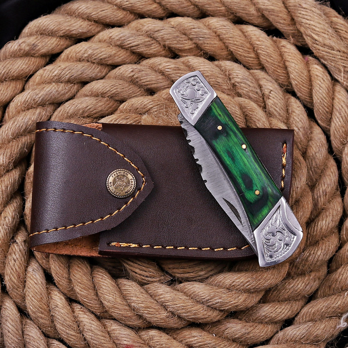 7'' Customs Hand Made Forged Damascus Steel Folding Knife Engraved Steel Bolster Green Wood Handle