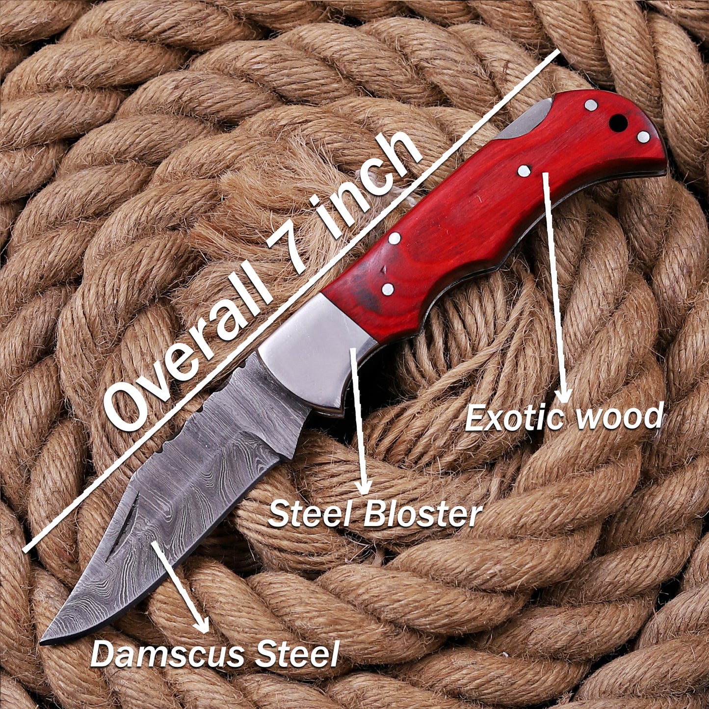 Handmade Damascus Steel Folding Knife 7'' Red Exotic Wood Handle Steel Bolster