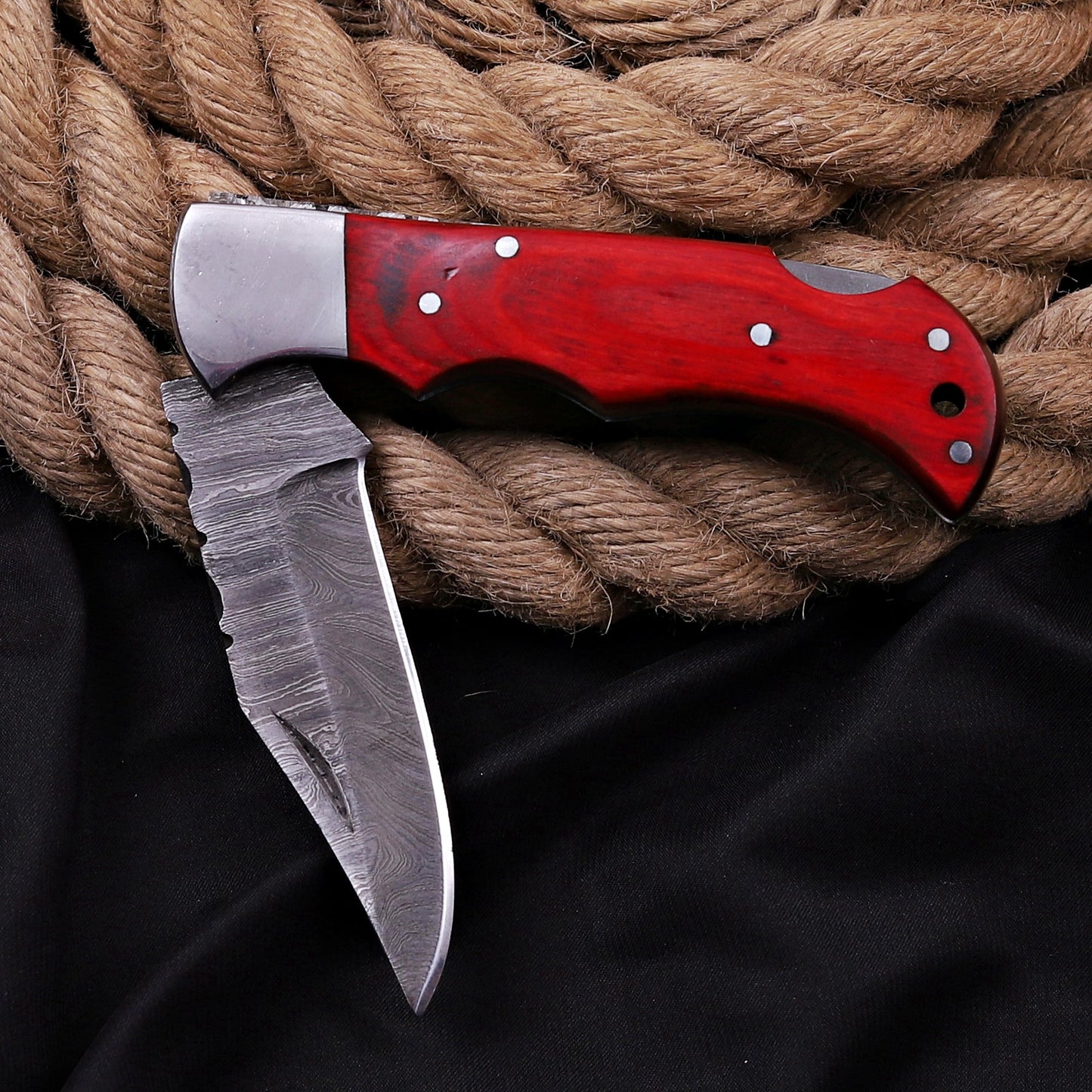 Handmade Damascus Steel Folding Knife 7'' Red Exotic Wood Handle Steel Bolster