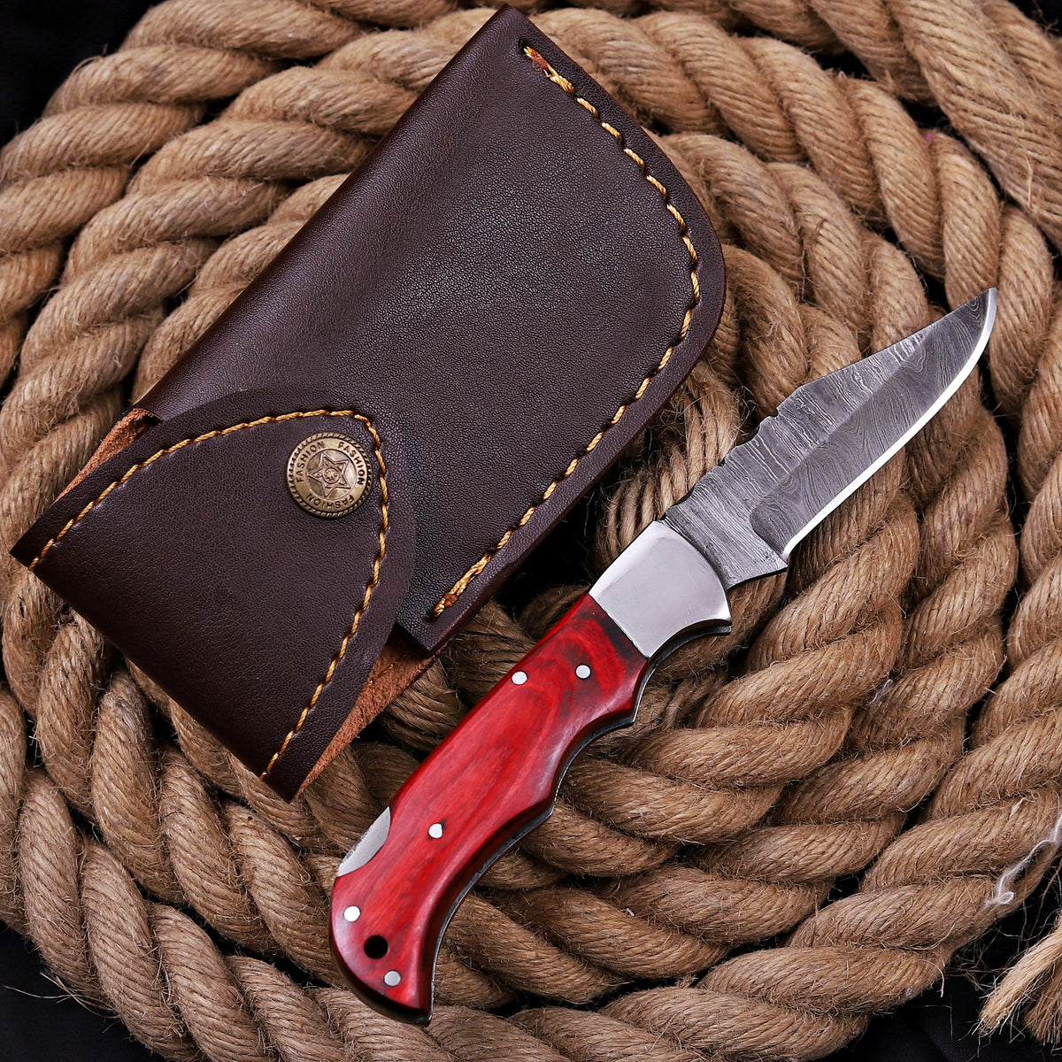 Handmade Damascus Steel Folding Knife 7'' Red Exotic Wood Handle Steel Bolster