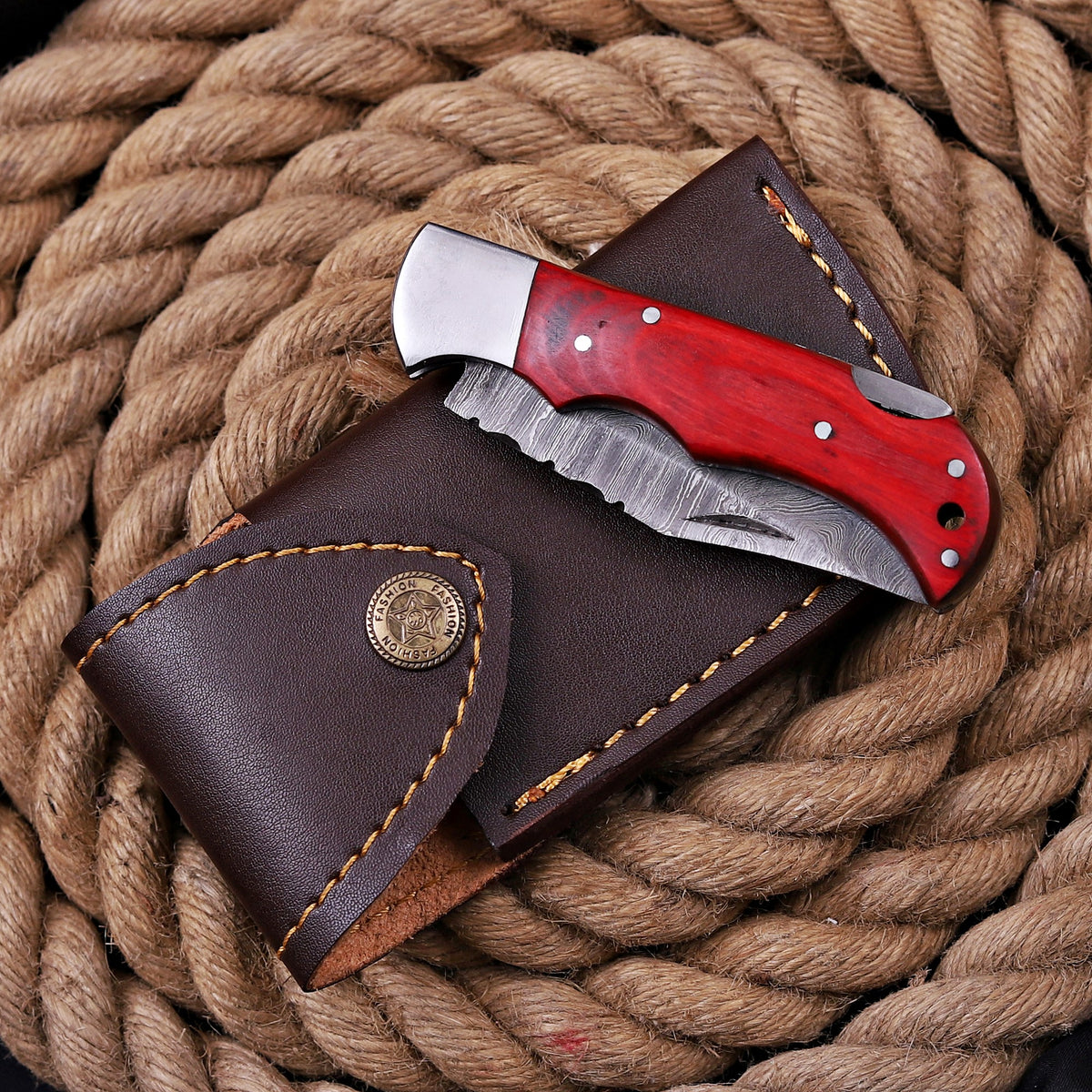 Handmade Damascus Steel Folding Knife 7'' Red Exotic Wood Handle Steel Bolster