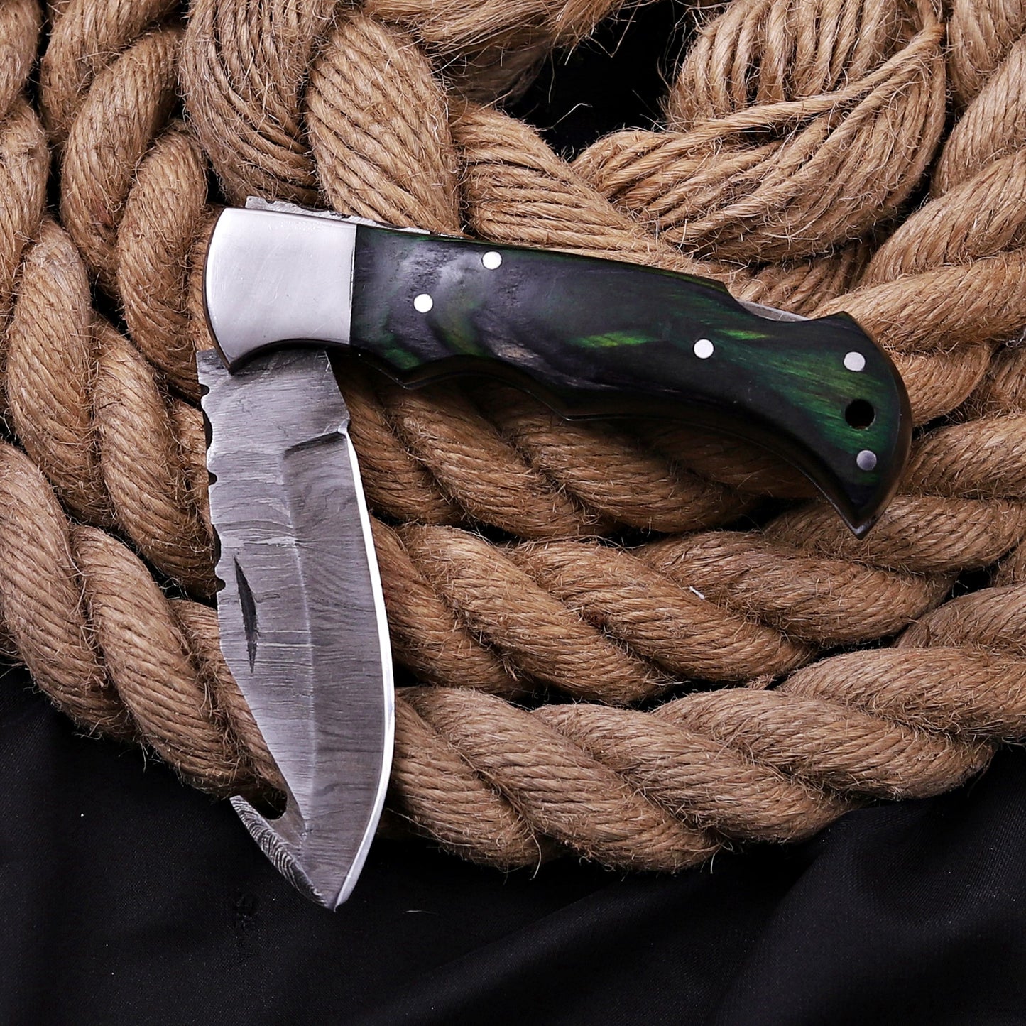 Handmade Damascus Steel 7'' Gut Hook Folding Knife Green Steel Bolster Wood Handle