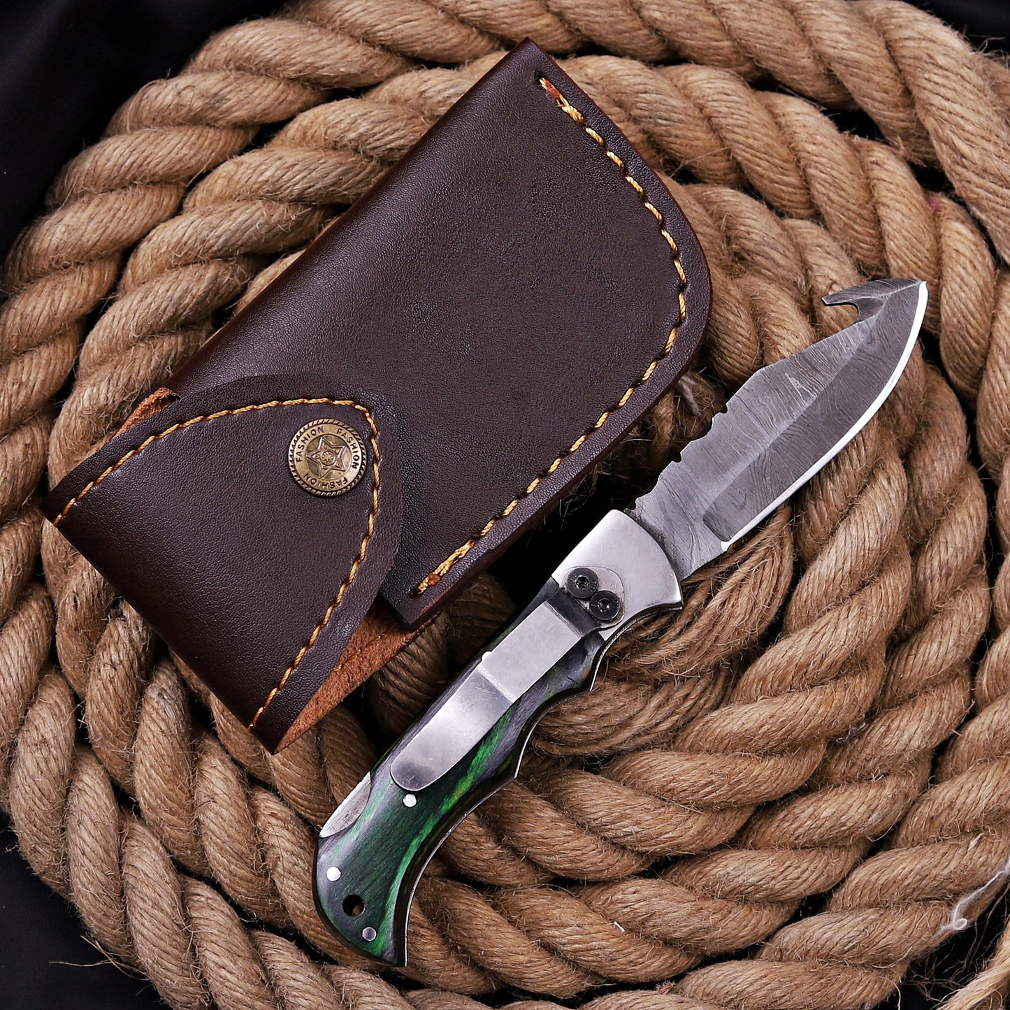 Handmade Damascus Steel 7'' Gut Hook Folding Knife Green Steel Bolster Wood Handle