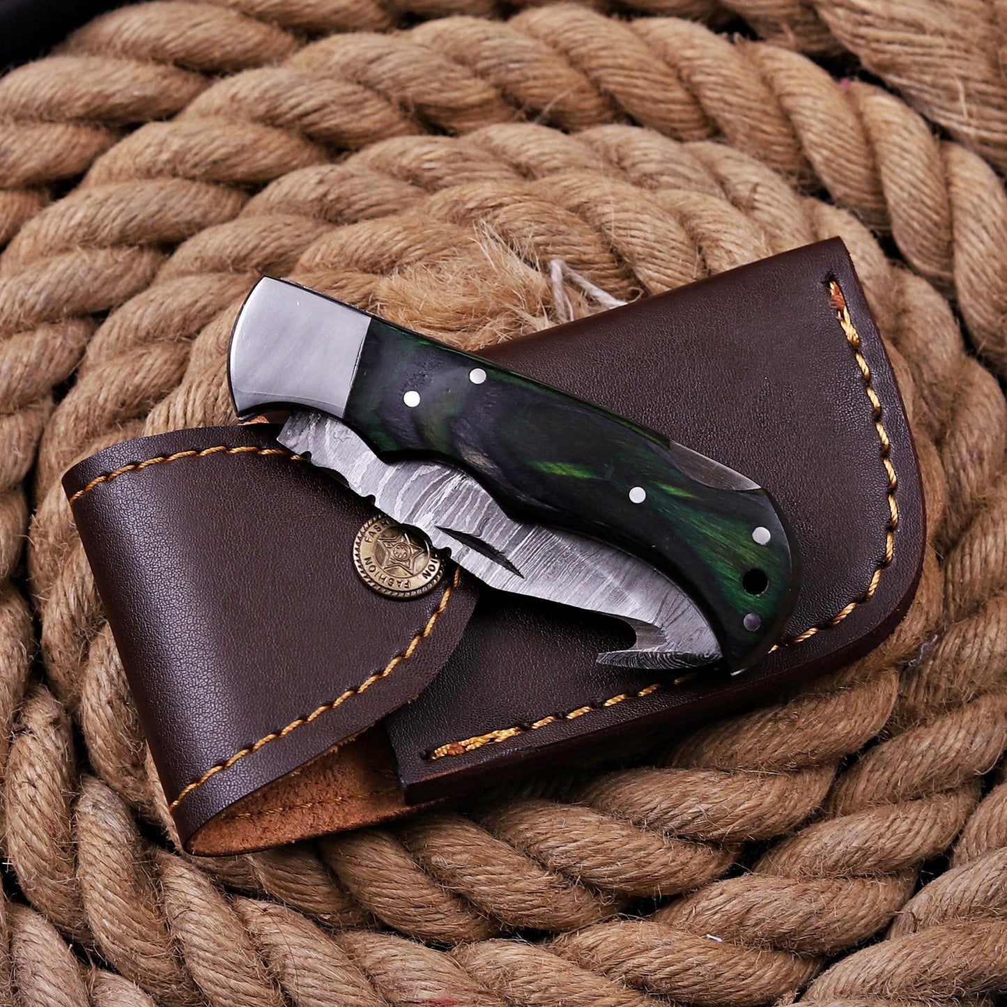 Handmade Damascus Steel 7'' Gut Hook Folding Knife Green Steel Bolster Wood Handle