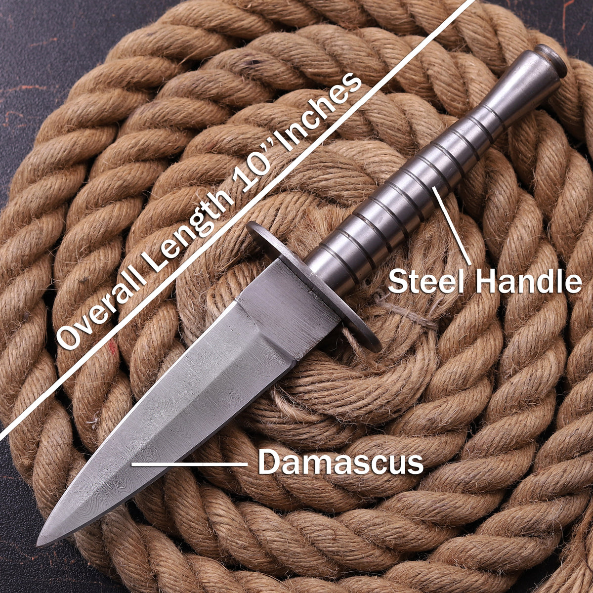 Damascus Steel Knife with Ribbed Steel Handle