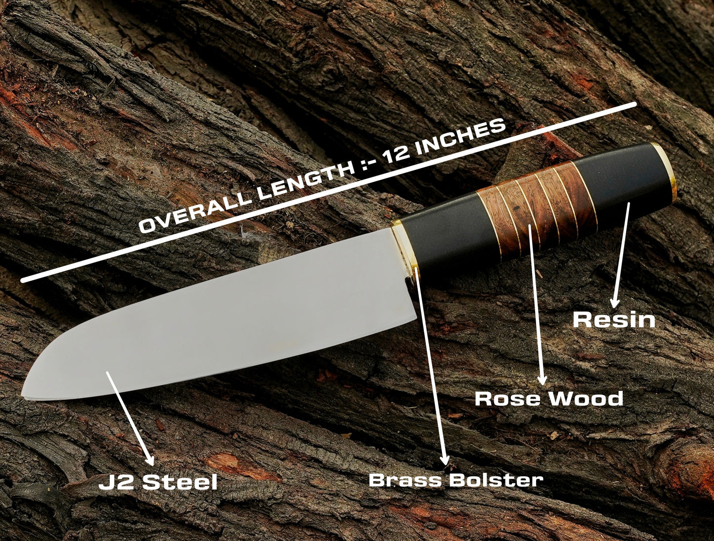 Handmade D2 Steel Chef Knife Resin & Rose Wood Handle with Brass Bolster