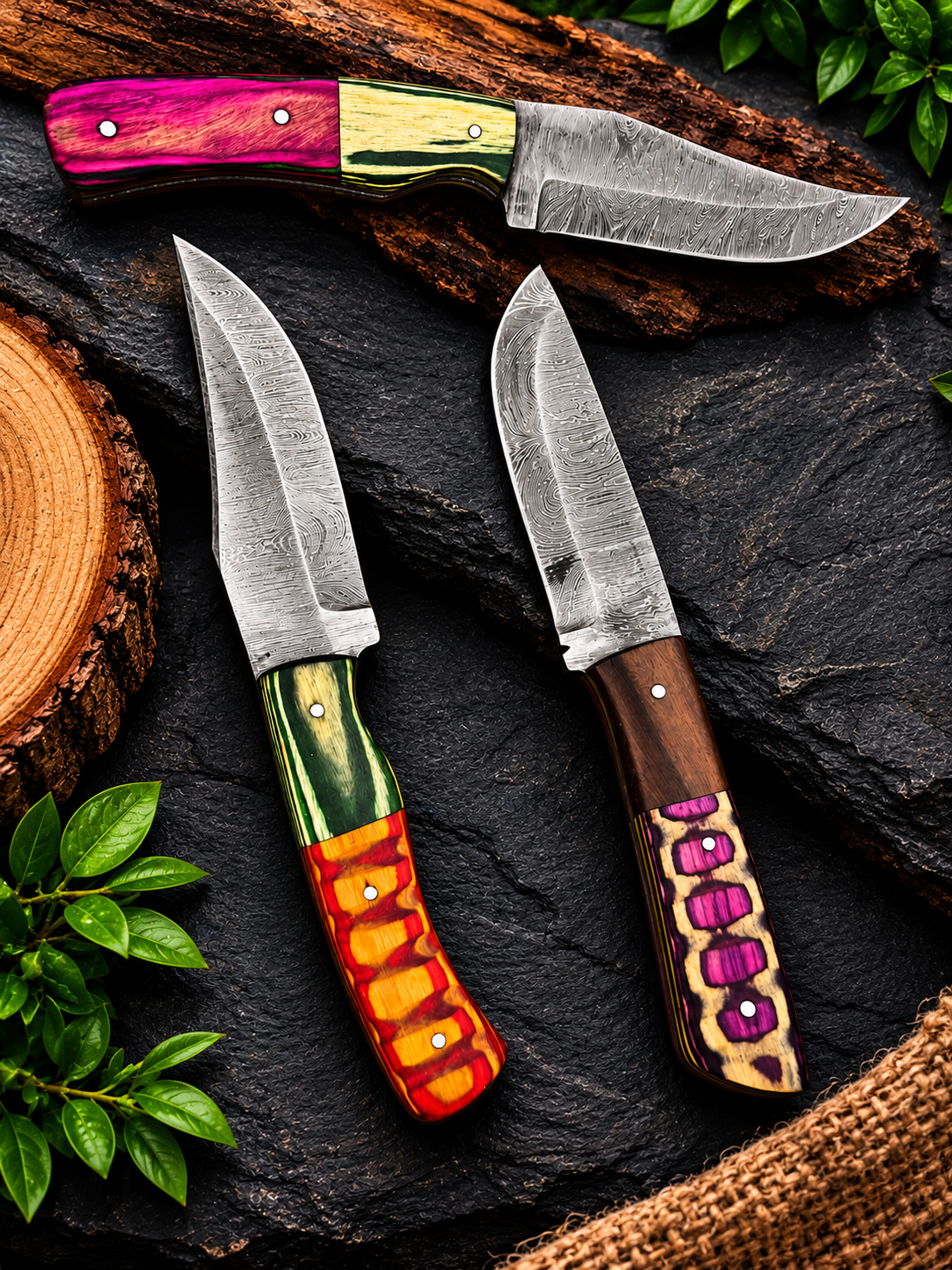 Handmade Damascus Steel Knife Collection Colorful Premium Handle Designs Without Sheath